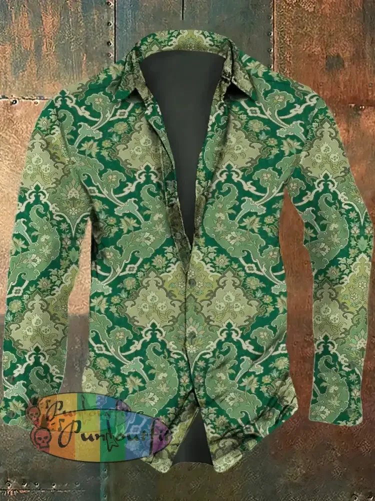 Men’s Retro Continuous Pattern Printed Casual Fashion Lapel Long Sleeved Shirt Green / S