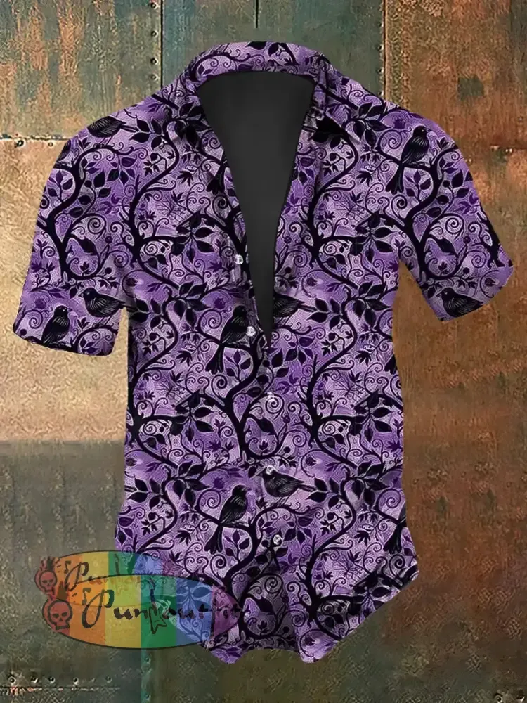 Men’s Retro Dark Gothic Raven Print Short-Sleeve Shirt Purple / S