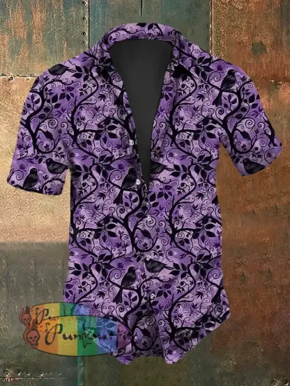 Men’s Retro Dark Gothic Raven Print Short-Sleeve Shirt Purple / S