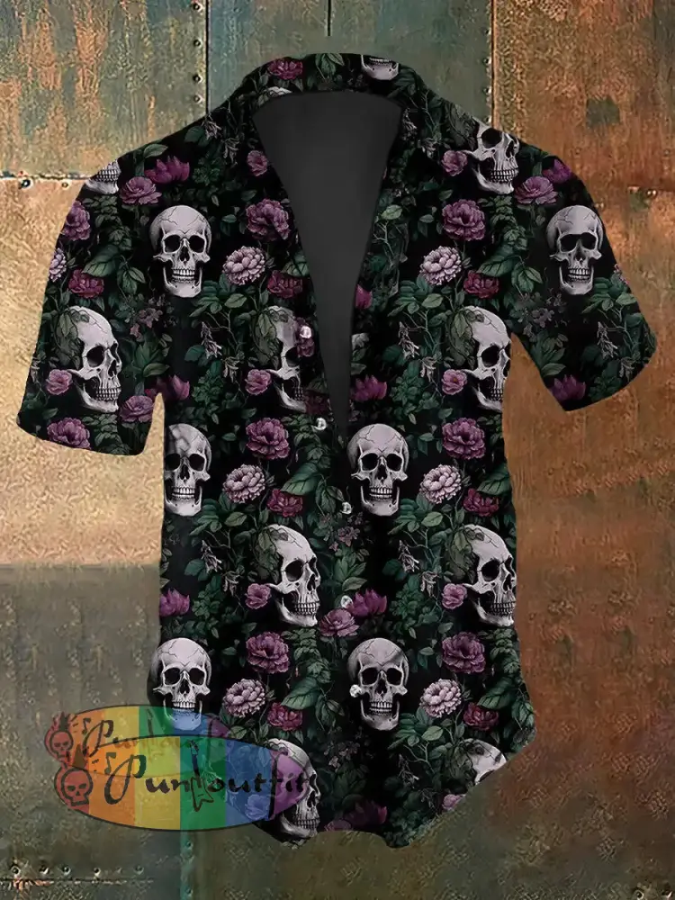 Men’s Retro Dark Gothic Style Skull Rose Print Short-Sleeve Shirt Black / S