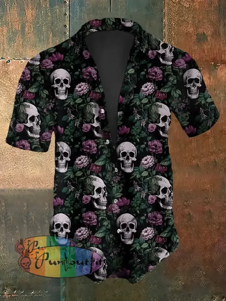 Men’s Retro Dark Gothic Style Skull Rose Print Short-Sleeve Shirt Black / S