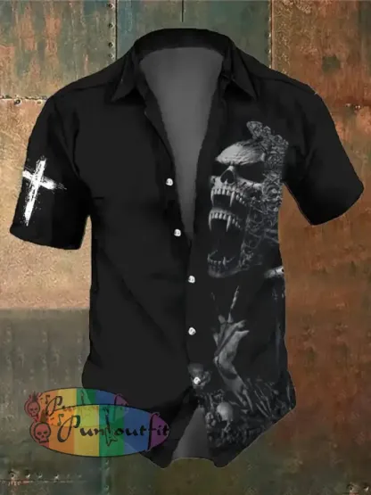 Men’s Retro Dark Skull Casual Pocket Short Sleeve Shirt As Shown / S Shirts