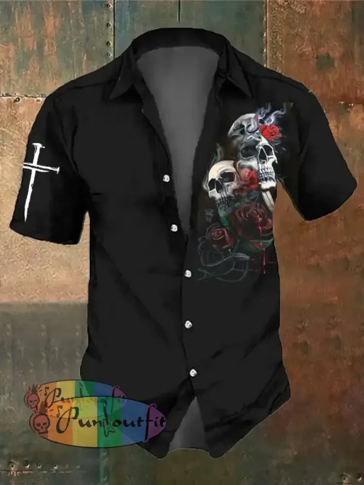 Men’s Retro Dark Skull Casual Pocket Short Sleeve Shirt As Shown / S Shirts
