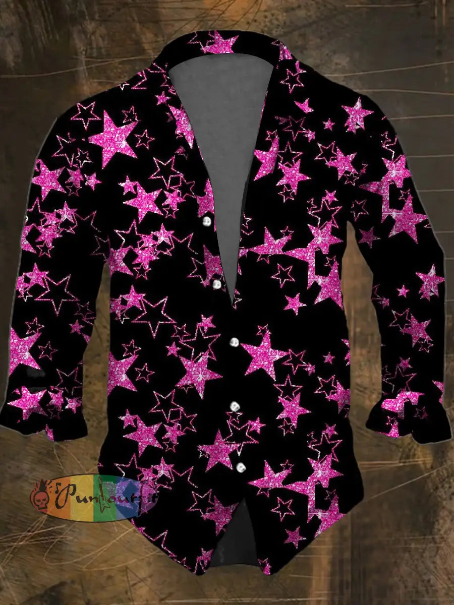 Men’s Retro Dark Stars Casual Long Sleeve Shirt Colorful / S