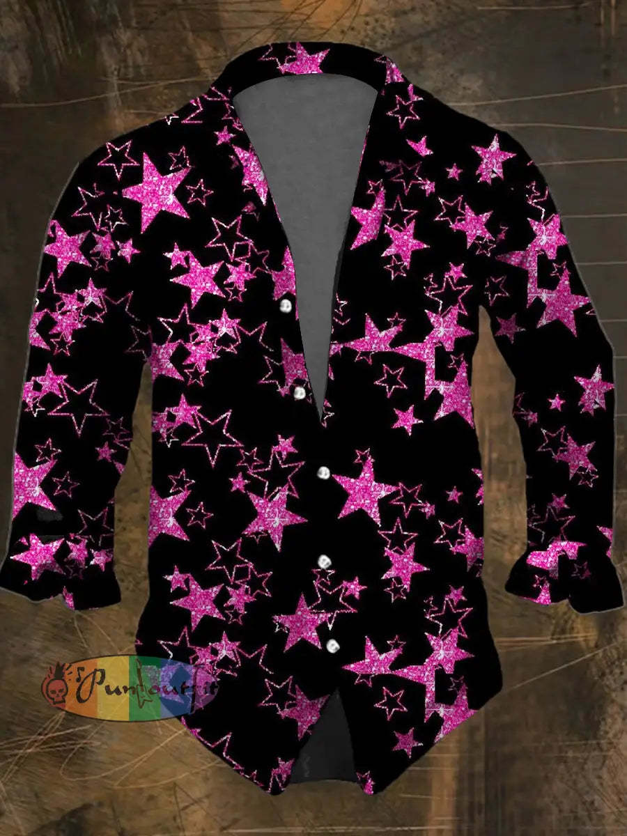 Men’s Retro Dark Stars Casual Long Sleeve Shirt Colorful / S