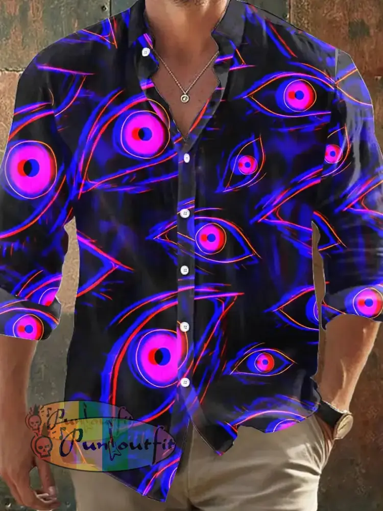 Men’s Retro Dark Style 3D Magic Eyes Print Long Sleeve Shirt Purple / S