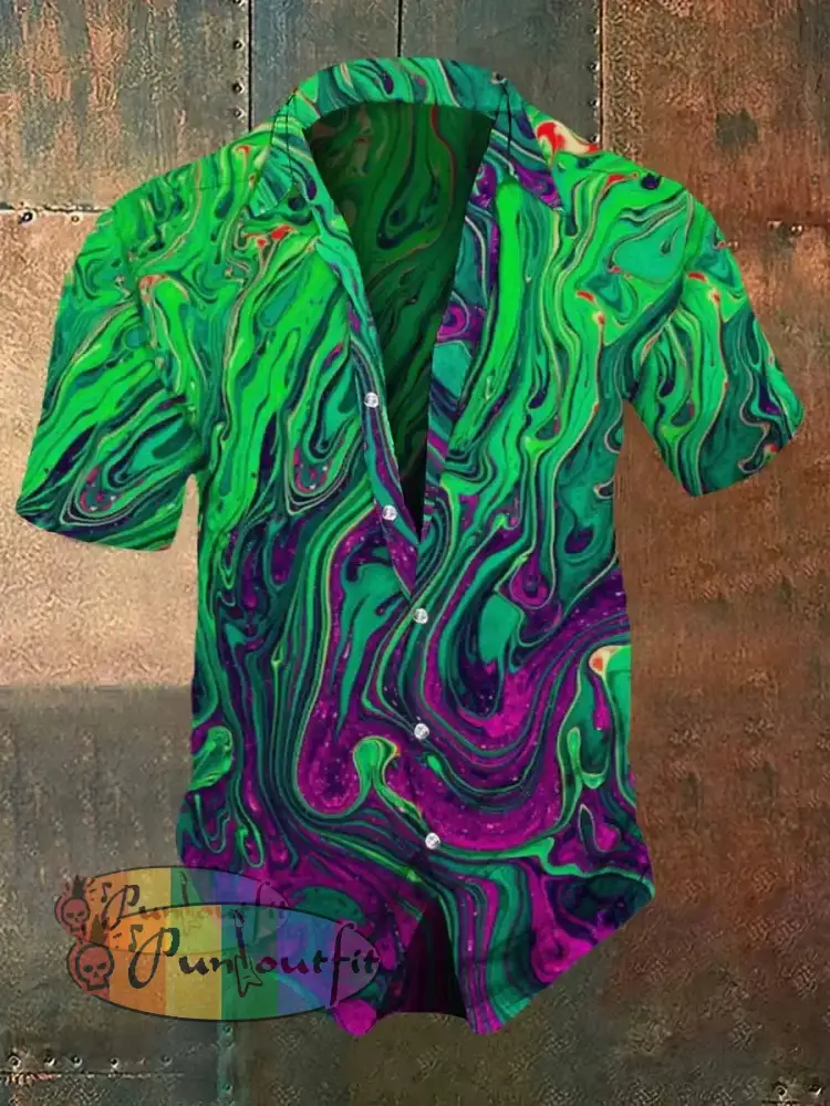 Men’s Retro Dark Style Fantasy Gradient Print Casual Shirt Green / S