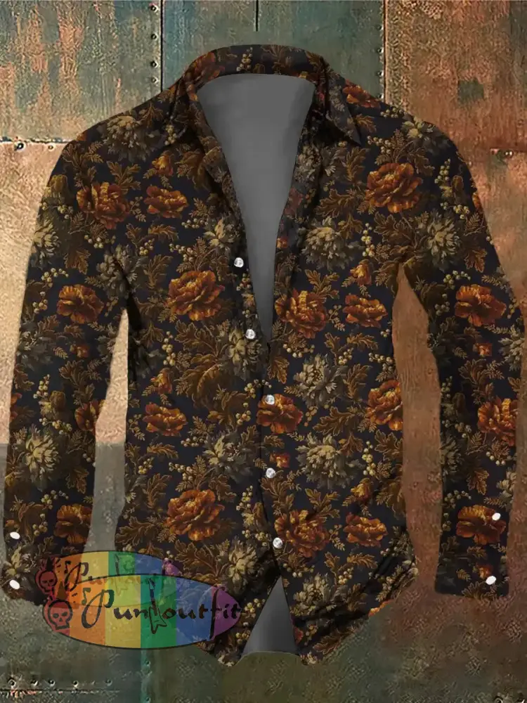 Men’s Retro Dark Style Floral Print Long Sleeve Shirt Colorful / S