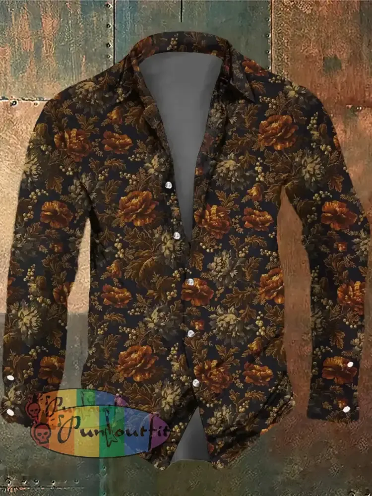 Men’s Retro Dark Style Floral Print Long Sleeve Shirt Colorful / S