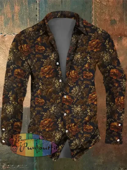Men’s Retro Dark Style Floral Print Long Sleeve Shirt Colorful / S