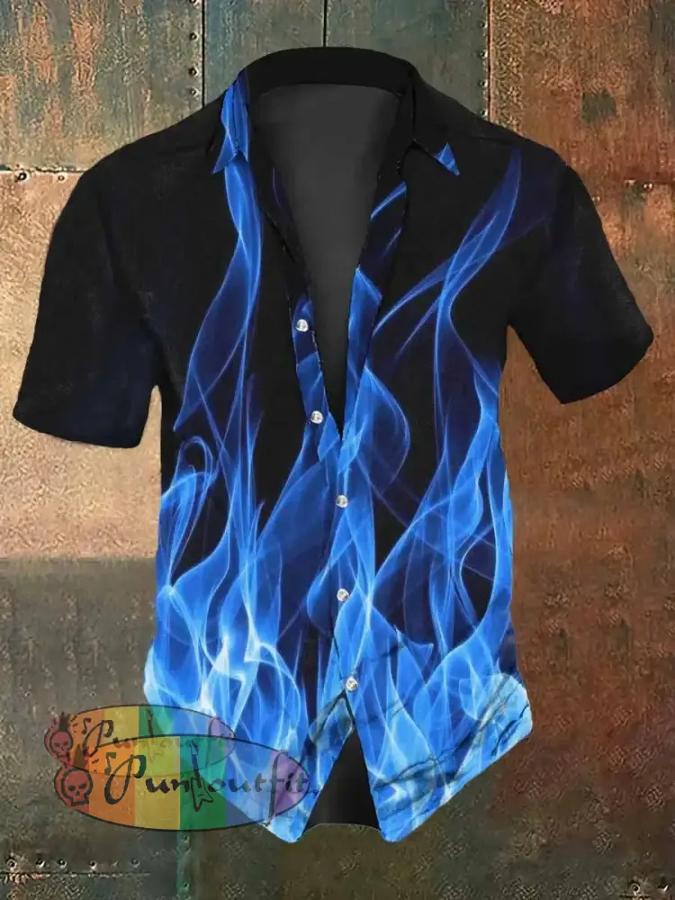 Men’s Retro Dark Style Ghost Fire Print Casual Shirt Blue / S