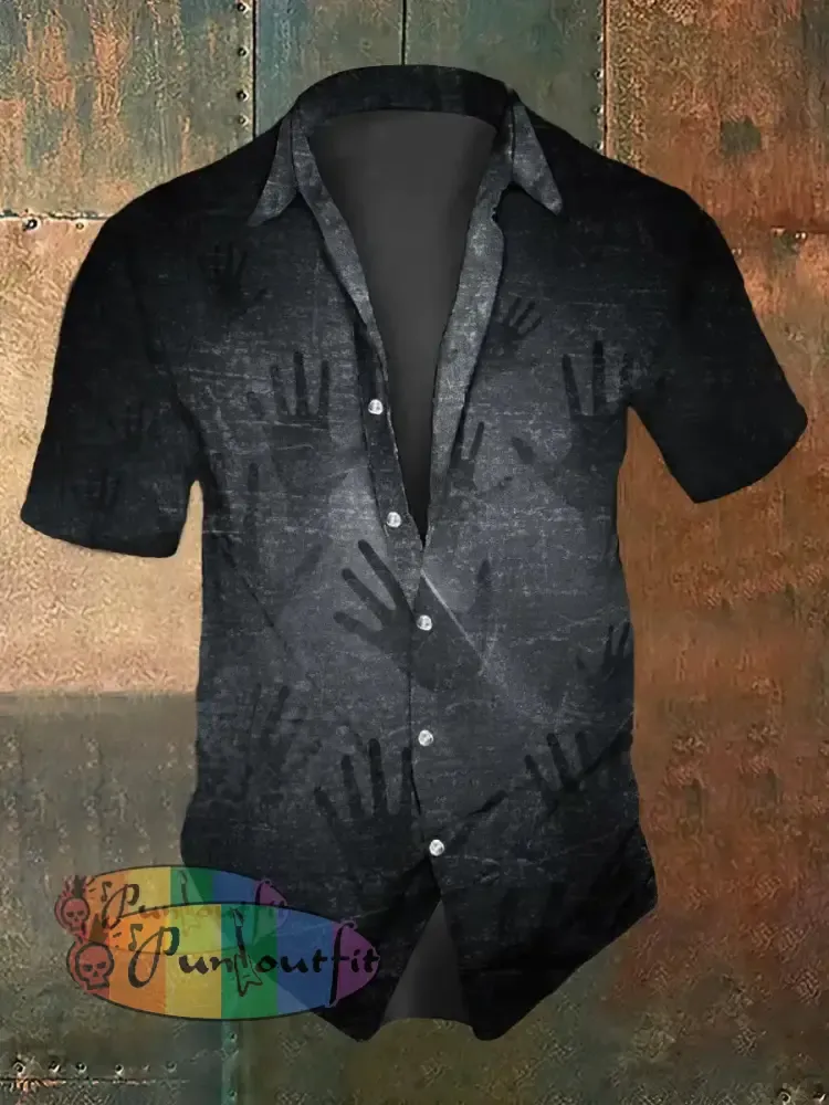 Men’s Retro Dark Style Horror Hand Print Casual Shirt Black / S