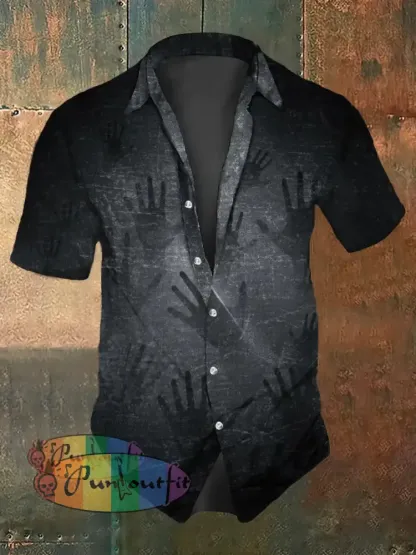 Men’s Retro Dark Style Horror Hand Print Casual Shirt Black / S