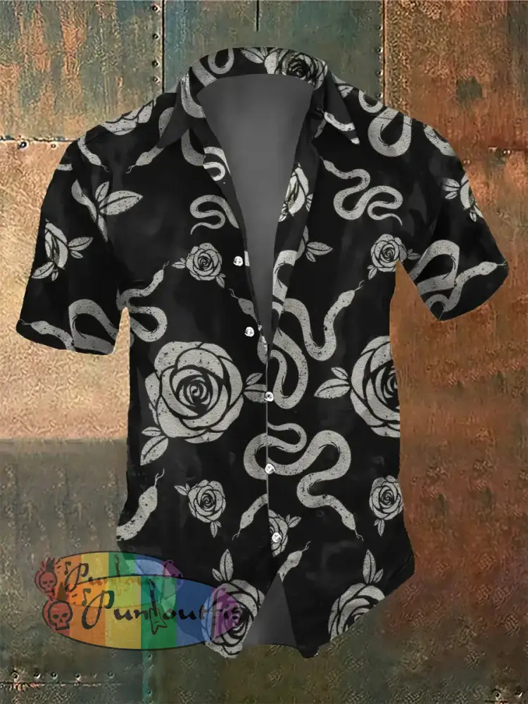 Men’s Retro Dark Style Rose And Snake Print Shirt Black / S