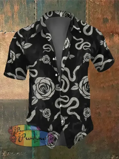 Men’s Retro Dark Style Rose And Snake Print Shirt Black / S