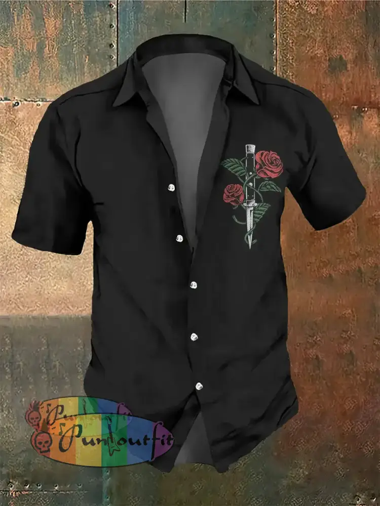 Men’s Retro Dark Style Rose Print Shirt Black / S