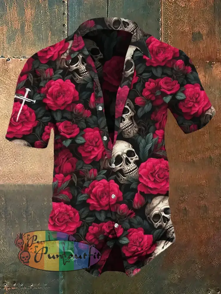Men’s Retro Dark Style Rose Skull Print Shirt Red / S