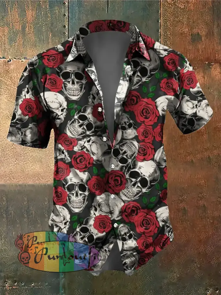 Men’s Retro Dark Style Skull And Rose Print Shirt Red / S