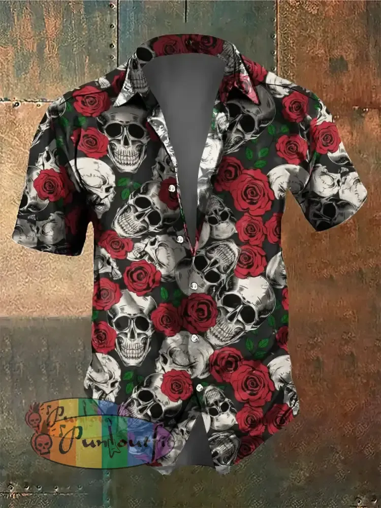 Men’s Retro Dark Style Skull And Rose Print Shirt Red / S