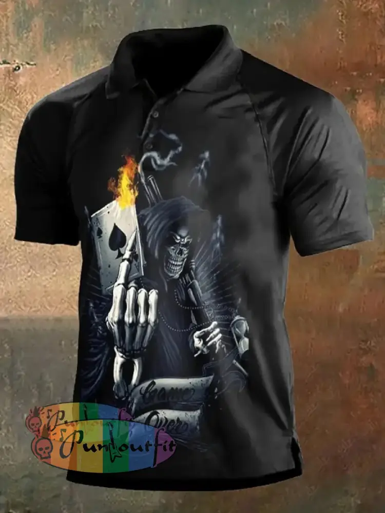 Men’s Retro Dark Style Skull Print Polo Shirt Black / S Polo