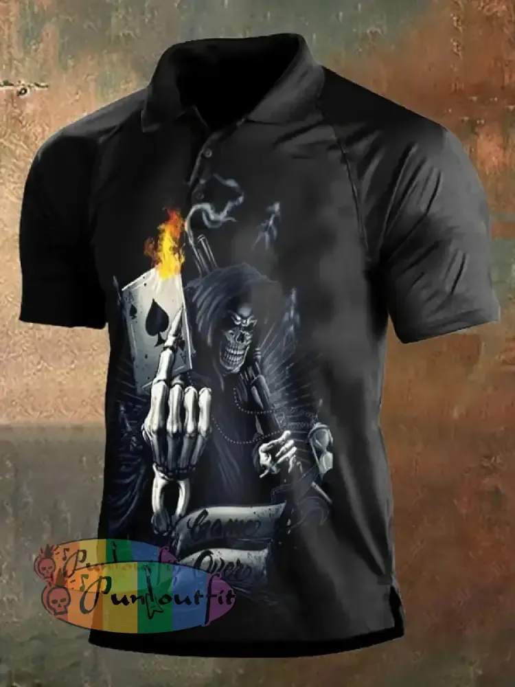 Men’s Retro Dark Style Skull Print Polo Shirt Black / S Polo