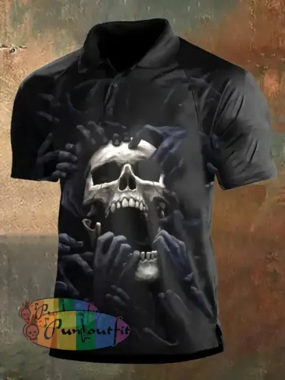 Men’s Retro Dark Style Skull Print Polo Shirt Black / S Polo