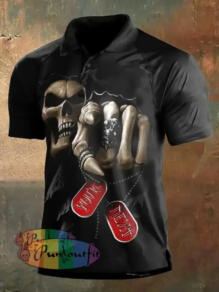 Men’s Retro Dark Style Skull Print Polo Shirt Black / S Polo