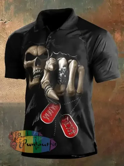 Men’s Retro Dark Style Skull Print Polo Shirt Black / S Polo