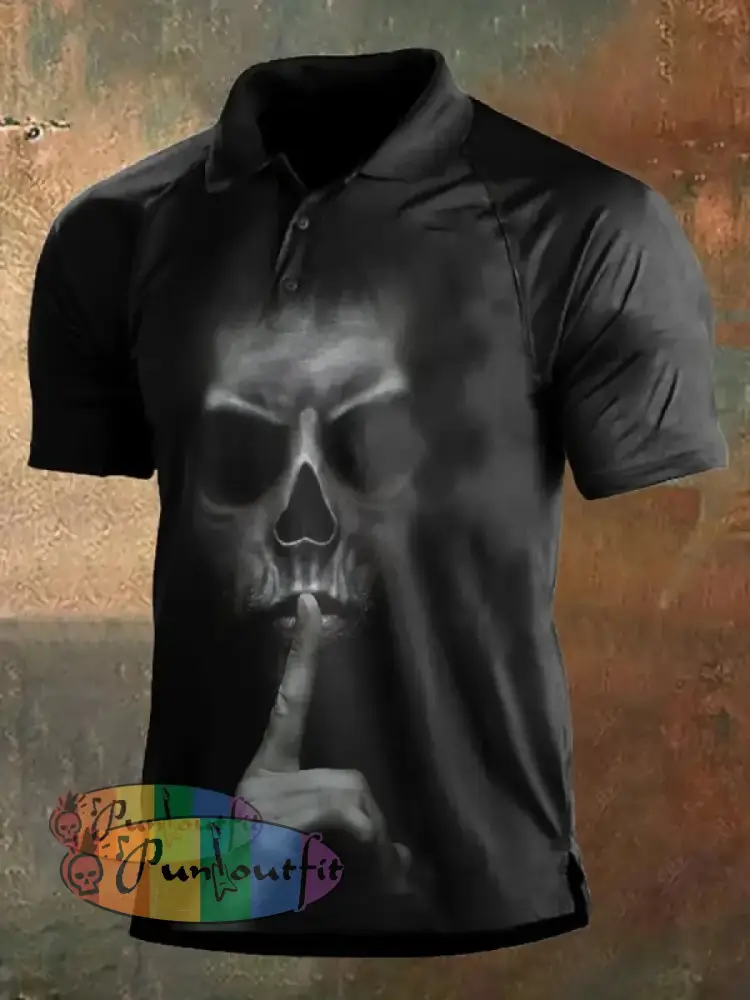 Men’s Retro Dark Style Skull Print Polo Shirt Black / S Polo
