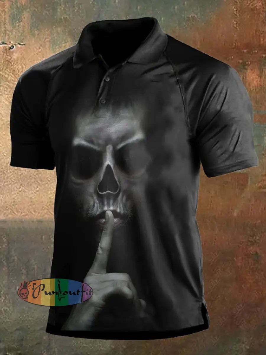 Men’s Retro Dark Style Skull Print Polo Shirt Black / S Polo