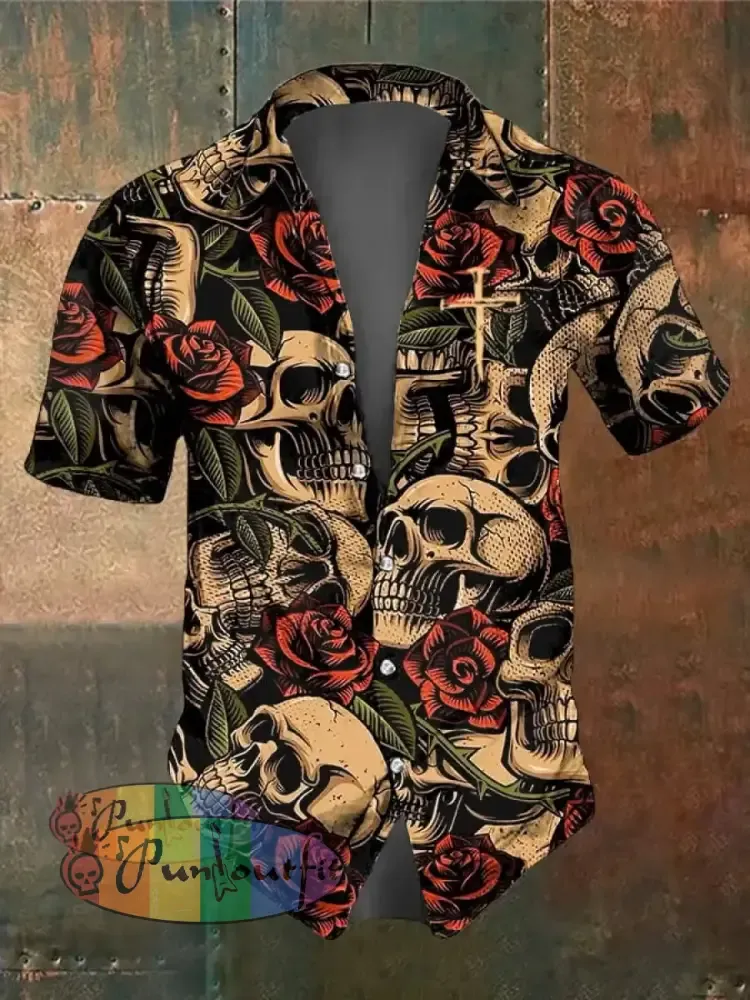 Men’s Retro Dark Style Skull Print Shirt As Shown / S Shirts