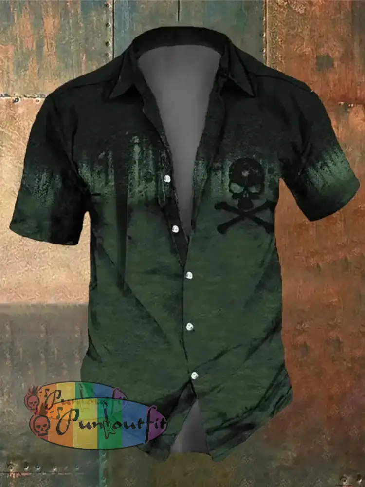 Men’s Retro Dark Style Skull Print Shirt Green / S Shirts