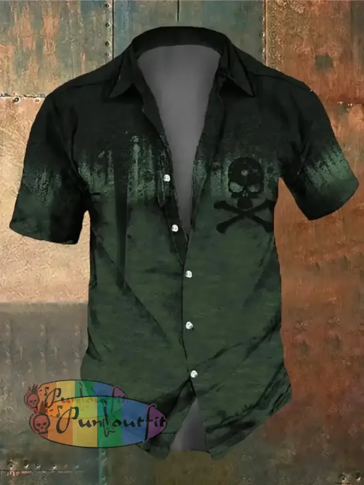 Men’s Retro Dark Style Skull Print Shirt Green / S Shirts