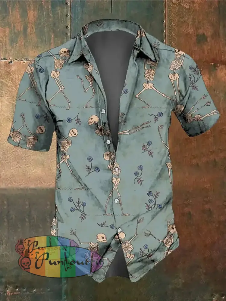Men’s Retro Dark Style Skull Print Shirt Haze Blue / S Shirts