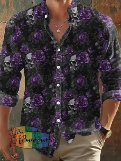 Men’s Retro Dark Style Skull Rose Butterfly Print Shirt Black / S