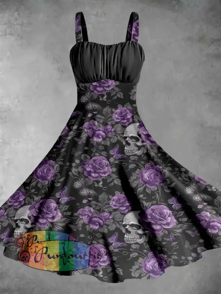 Vintage Skull Rose Butterfly Halloween Print Midi Dress Black / S