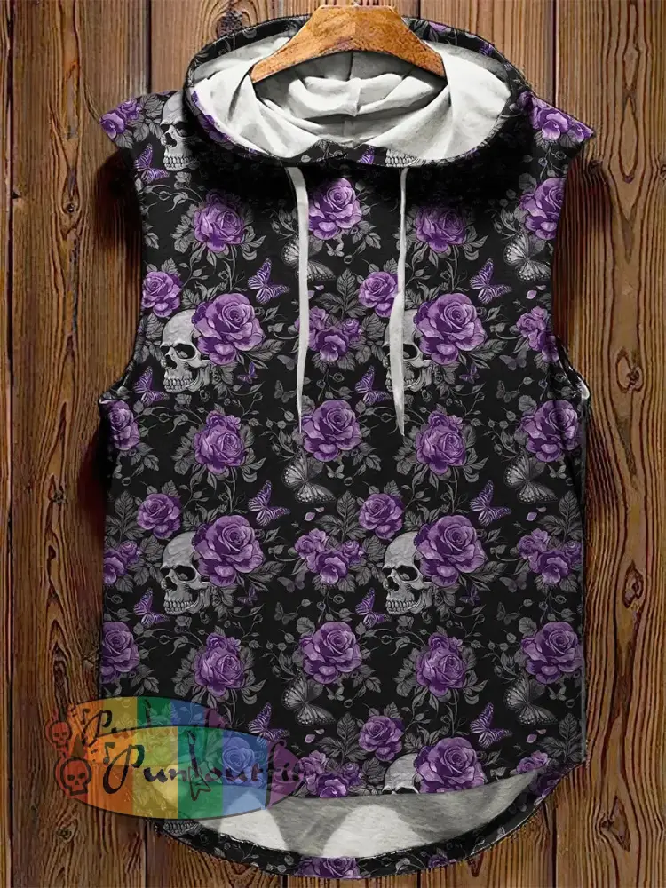 Men’s Retro Dark Style Skull Rose Butterfly Print Shirt Hooded Tank Top / S
