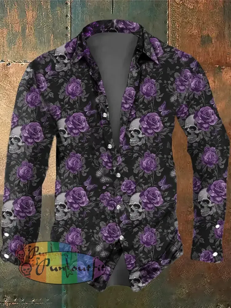 Men’s Retro Dark Style Skull Rose Butterfly Long Sleeve Shirt Black / S