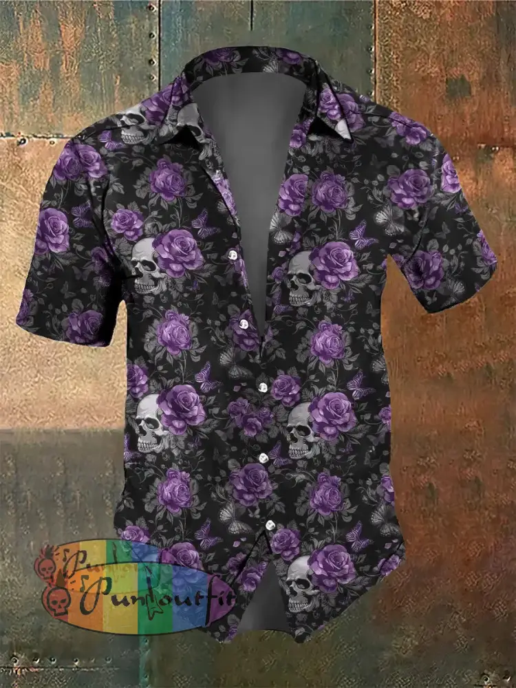 Men’s Retro Dark Style Skull Rose Butterfly Print Shirt Short Sleeve Shirt / S