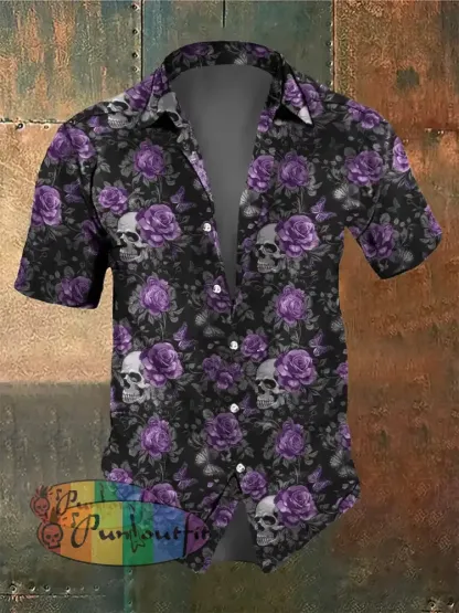 Men’s Retro Dark Style Skull Rose Butterfly Print Shirt Short Sleeve Shirt / S