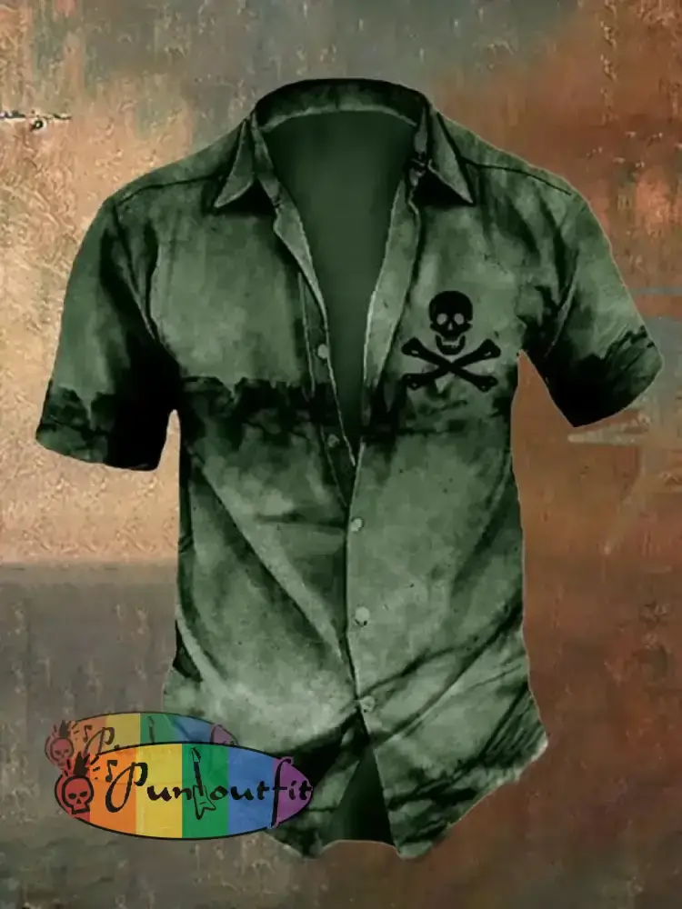 Men’s Retro Distressed Skull Short Sleeve Shirt Army Green / S Shirts