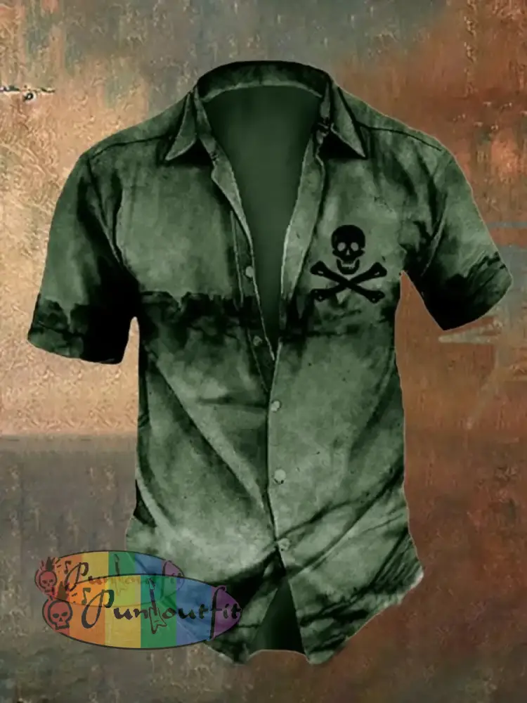 Men’s Retro Distressed Skull Short Sleeve Shirt Army Green / S Shirts