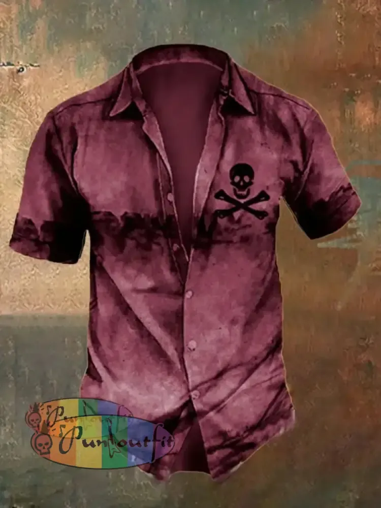 Men’s Retro Distressed Skull Short Sleeve Shirt Dark Red / S Shirts