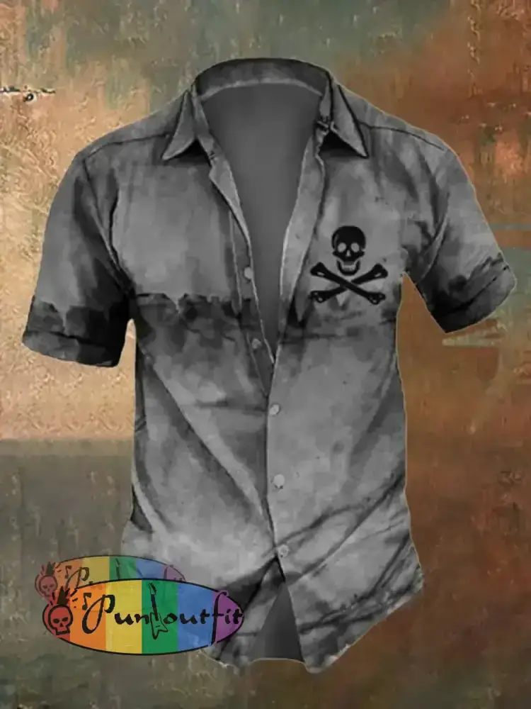 Men’s Retro Distressed Skull Short Sleeve Shirt Grey / S Shirts