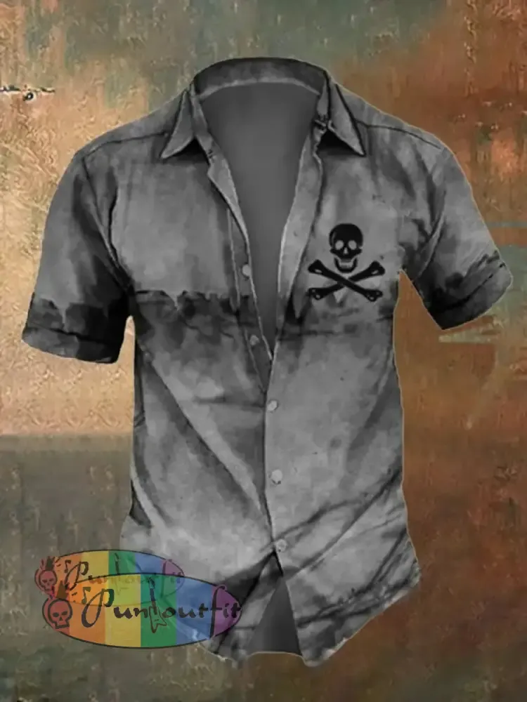 Men’s Retro Distressed Skull Short Sleeve Shirt Grey / S Shirts