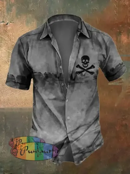 Men’s Retro Distressed Skull Short Sleeve Shirt Grey / S Shirts