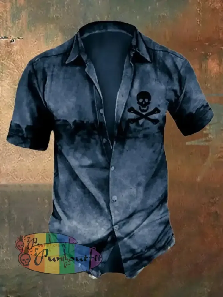 Men’s Retro Distressed Skull Short Sleeve Shirt Navy / S Shirts