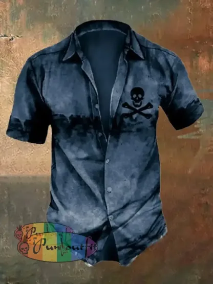 Men’s Retro Distressed Skull Short Sleeve Shirt Navy / S Shirts