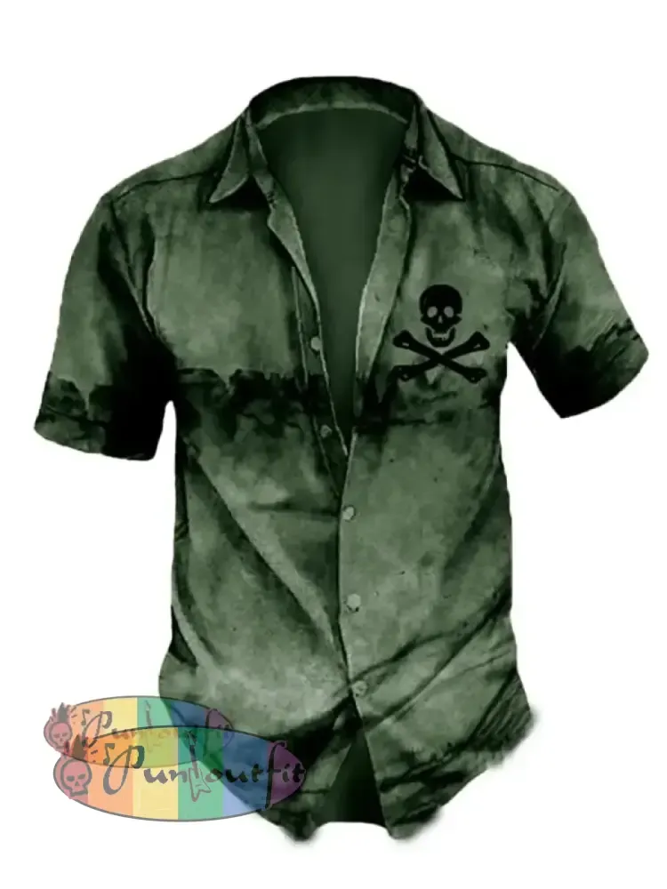 Men’s Retro Distressed Skull Short Sleeve Shirt Shirts