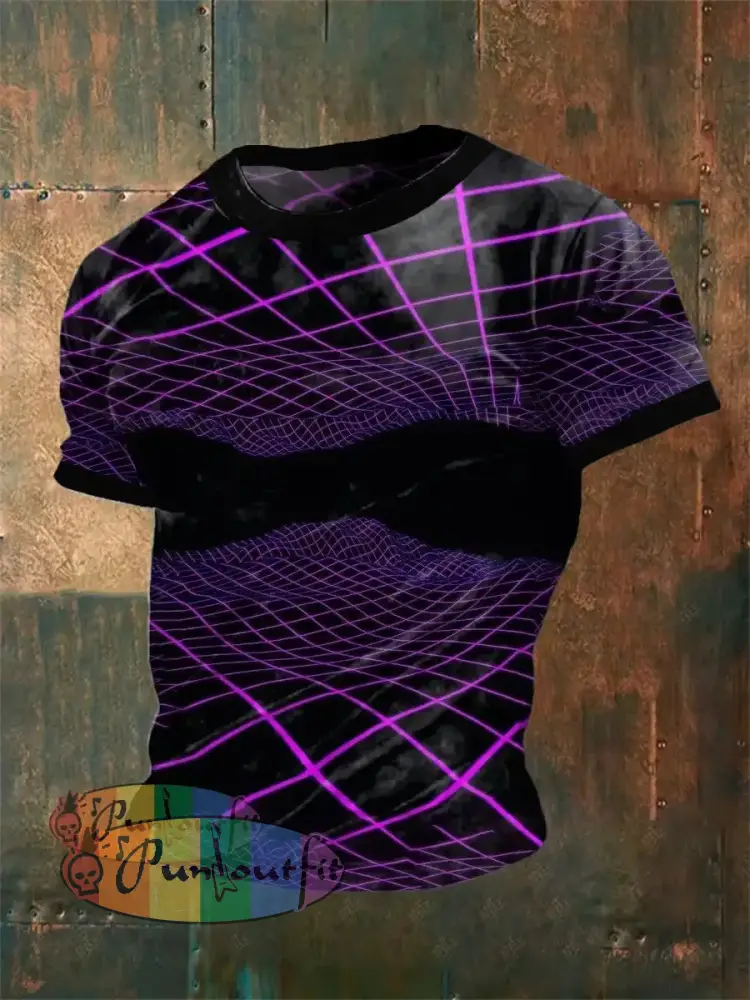Men’s Retro Electronic Music Festival Glittering Techno Lines Abstract Print Casual Cotton Short Sleeve T-Shirt Purple